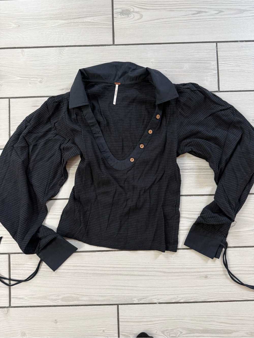 Free People Black Button-Accent Long Sleeve Collared Top